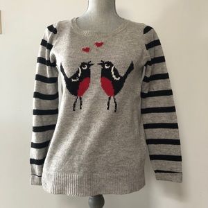 F+F novelty sweater grey with red and black bird design hearts
